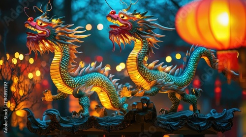 Wallpaper Mural A pair of vibrant dragon sculptures, set against a backdrop of soft glowing lanterns, embodying cultural significance and festive spirit Torontodigital.ca