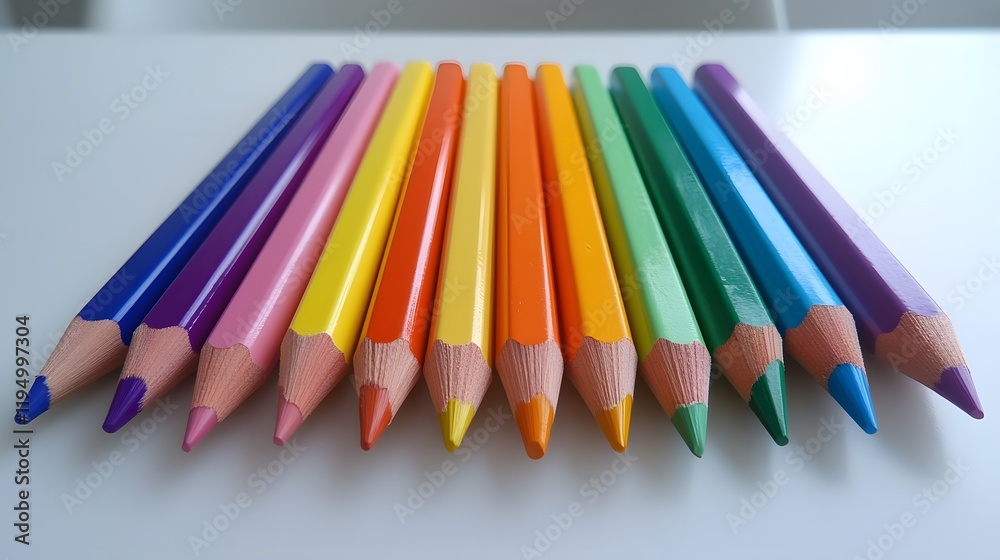 Colorful arrangement of pencils, vibrant hues lined up on a white surface, perfect for artistic projects and creativity. Colorful arrangement of pencils, vibrant hues lined up on a white surface, perfect for artistic projects and creativity.
