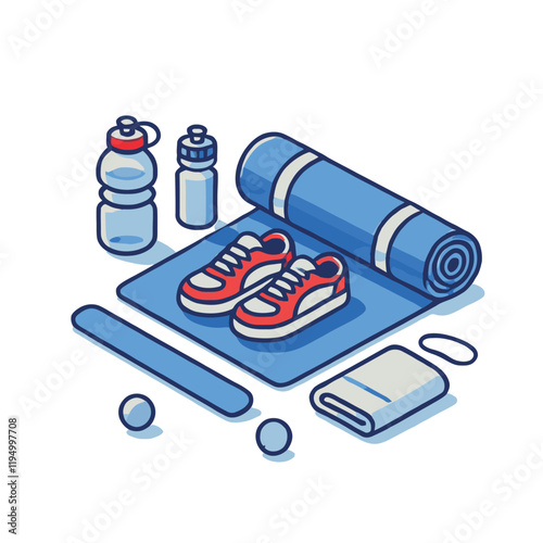 illustration of fitness equipment including running shoes, water bottles, yoga mat and towel