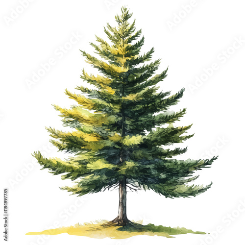 A watercolor vector painting of an Alaskan Yellow Cedar tree, isolated on a white background. Alaskan Yellow Cedar tree vector.

