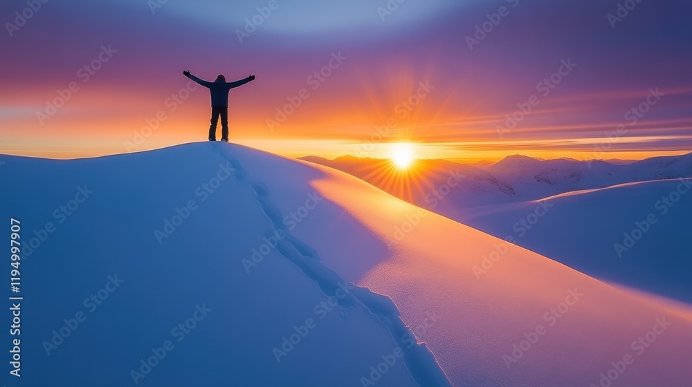 Triumphant Silhouette: A lone figure stands on a mountain peak, arms raised in victory as the sun sets behind them, casting a breathtaking, colorful sky.
Triumphant Silhouette: A lone figure stands on a mountain peak, arms raised in victory as the sun sets behind them, casting a breathtaking, colorful sky.