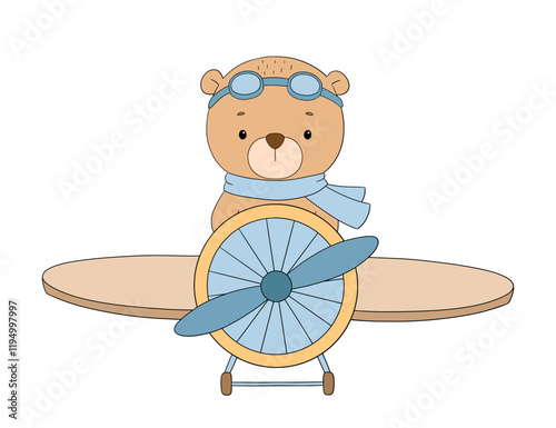 Cute little bear pilot on airplane, vector hand drawn character illustration on white background for kids