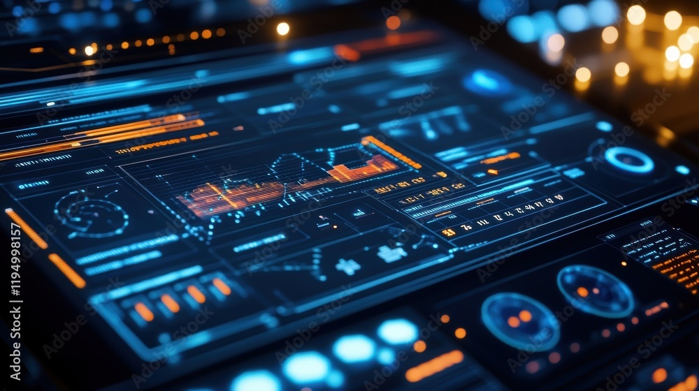 A closeup shot of a control panel displaying realtime data analytics featuring graphs and metrics related to machine performance and efficiency illuminated by soft LED lights in a modern A closeup shot of a control panel displaying realtime data analytics featuring graphs and metrics related to machine performance and efficiency illuminated by soft LED lights in a modern
