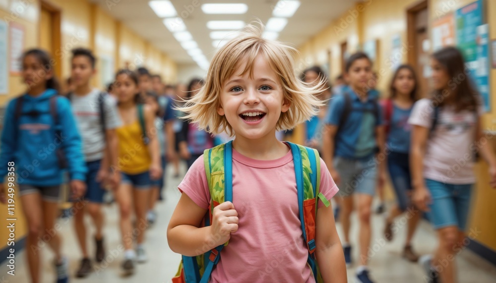 Excited little blonde girl at school hallway, back to school. Excited little blonde girl at school hallway, back to school.