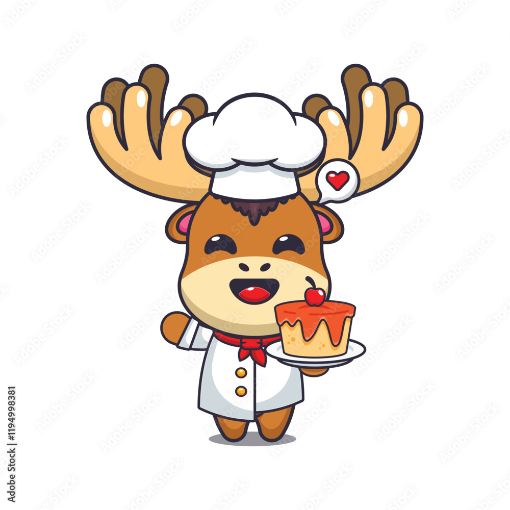 chef moose mascot cartoon character with cake. chef moose mascot cartoon character with cake.