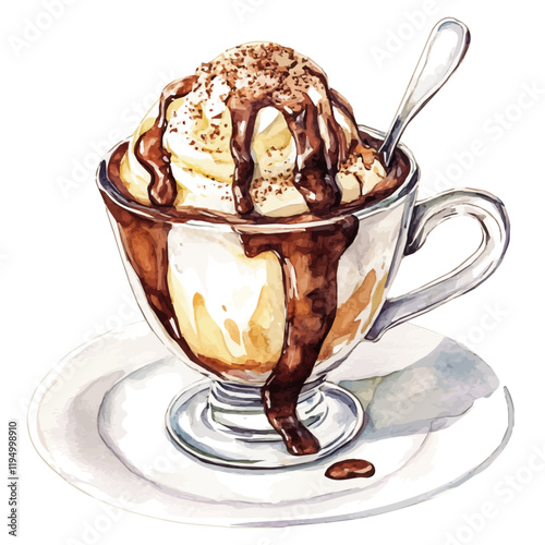 A watercolor vector painting of an Affogato, isolated on a white background. Affogato vector.

