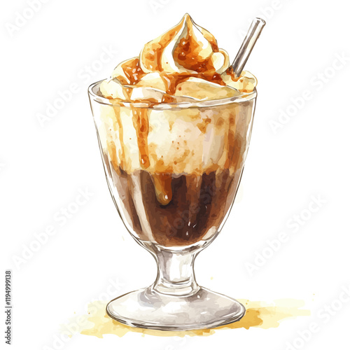 A watercolor vector painting of an Affogato, isolated on a white background. Affogato vector.

