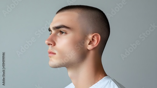 Close-up of a young man with buzzed hair showcasing defined jawline and sharp features against a plain background