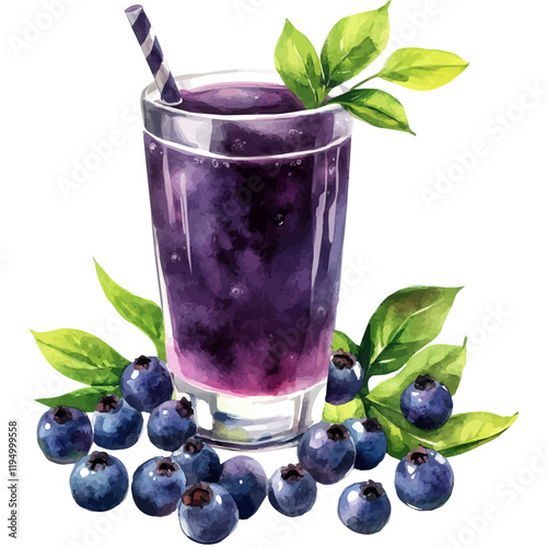A watercolor drawing of an acai berry juice, isolated on a white background. Acai berry juice vector.
