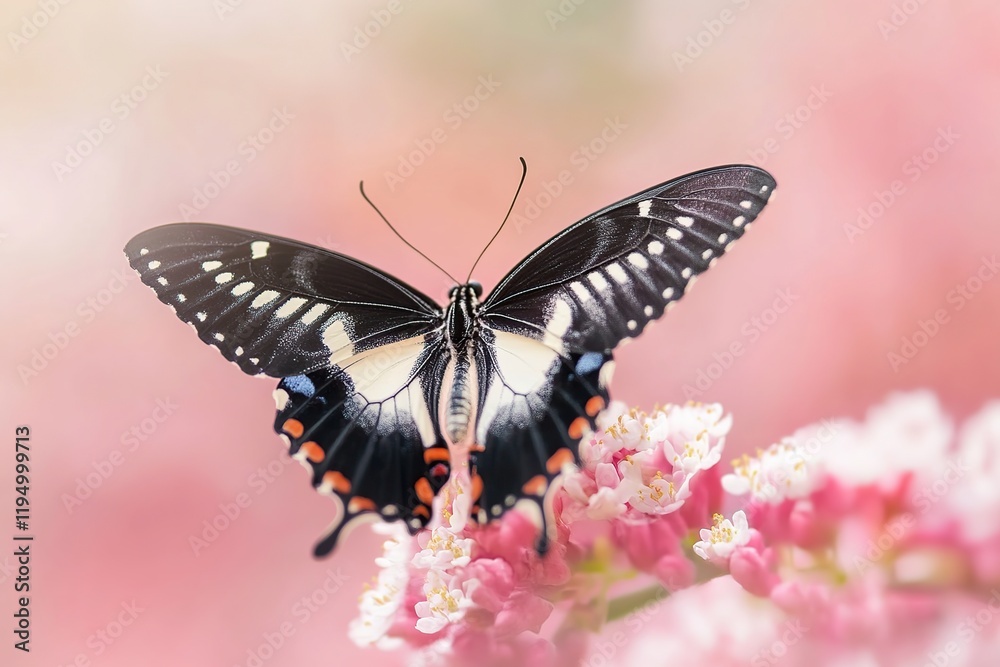 Obraz premium Summer spring flowers with flying butterfly on blurred nature background