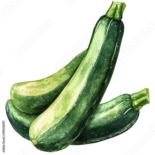 A watercolor vector painting of a zucchini, isolated on a white background. Zucchini vector.


