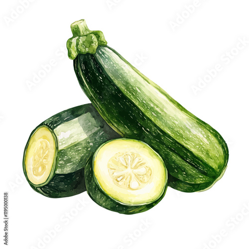 A watercolor vector painting of a zucchini, isolated on a white background. Zucchini vector.

