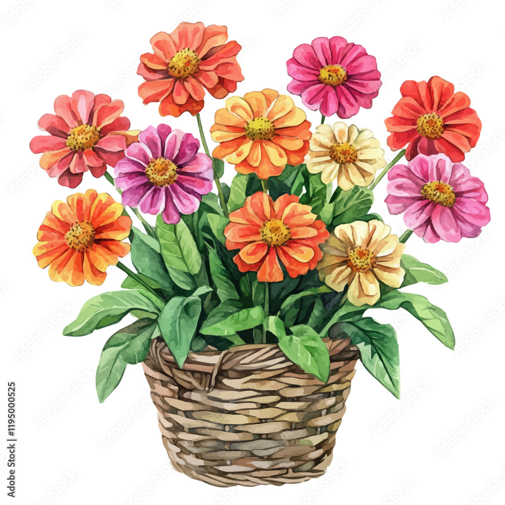 A watercolor of a Zinnia bouquet in a basket, isolated on a white background. Zinnia bouquet vector.
A watercolor of a Zinnia bouquet in a basket, isolated on a white background. Zinnia bouquet vector.