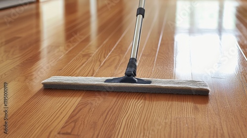 Close-up of a mop cleaning a shiny hardwood floor.