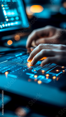 A close-up of hands manipulating a digital interface, surrounded by glowing lights, showcasing technology and innovation in a modern setting.