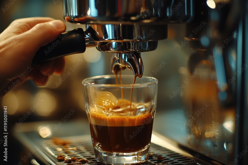 Espresso pouring into a glass. Perfect for coffee shop menus or showcasing barista skills. Espresso pouring into a glass. Perfect for coffee shop menus or showcasing barista skills.