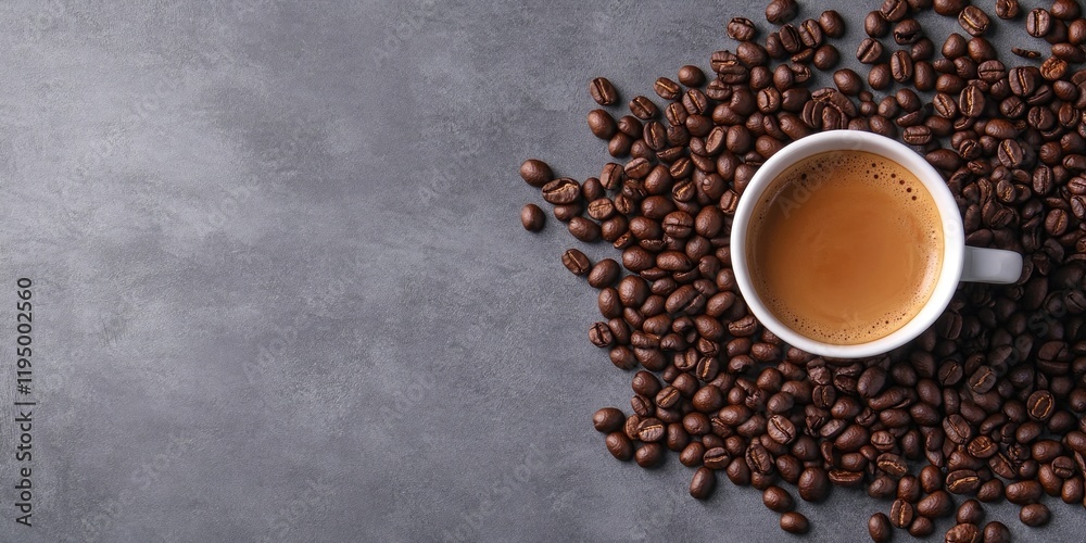 Overhead view of a white coffee cup filled with dark coffee surrounded by roasted coffee beans on a textured gray background ideal for text space Overhead view of a white coffee cup filled with dark coffee surrounded by roasted coffee beans on a textured gray background ideal for text space
