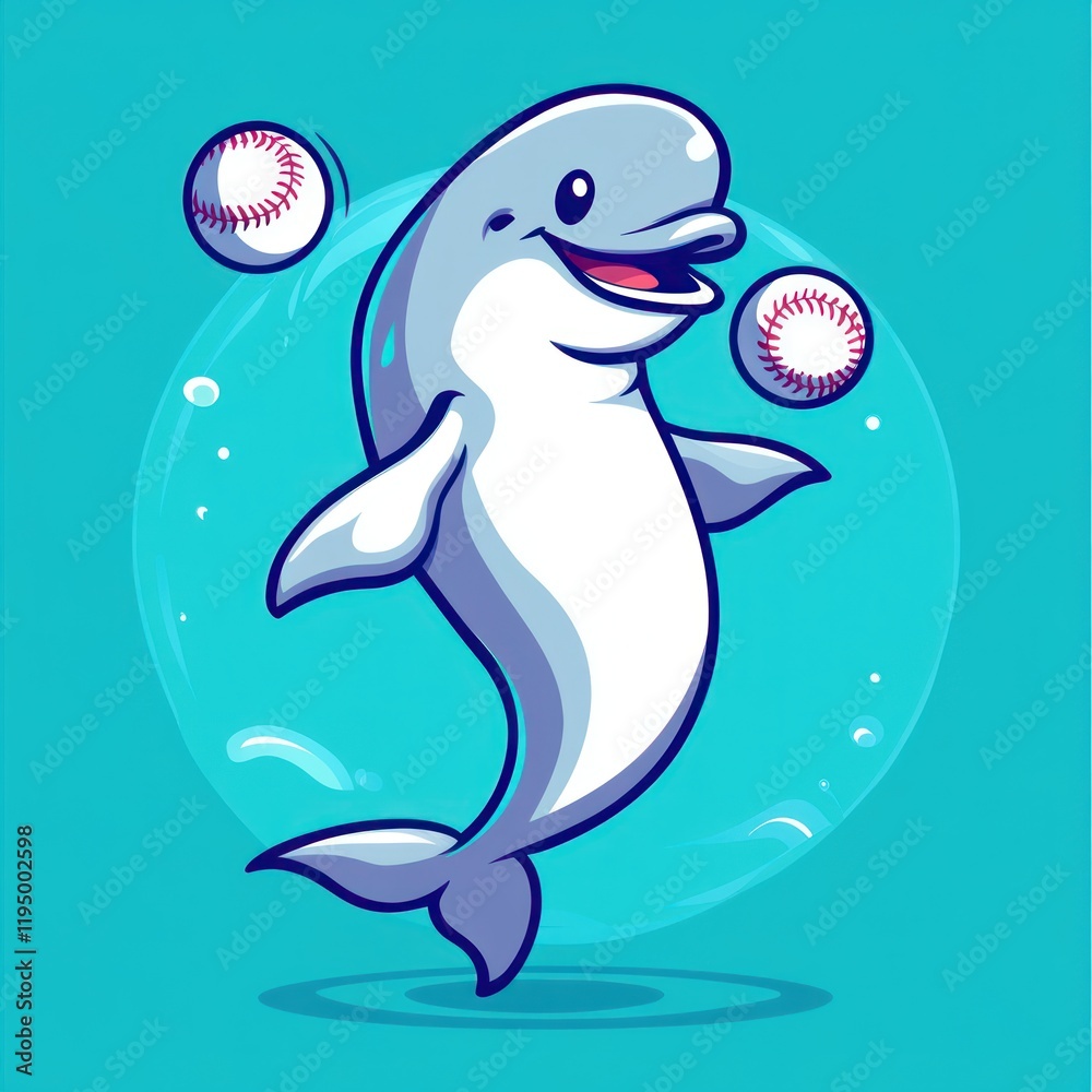Naklejka premium Happy beluga whale juggling baseballs underwater; fun aquatic cartoon for kids' books