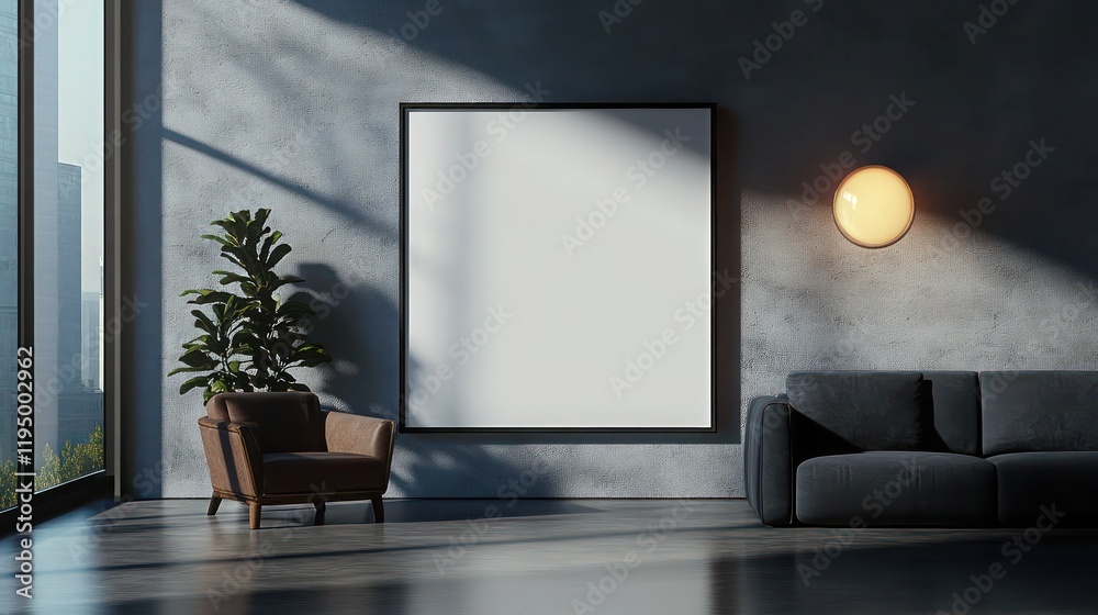 Modern living room featuring a canvas frame mockup with minimalist furniture and natural lighting Modern living room featuring a canvas frame mockup with minimalist furniture and natural lighting