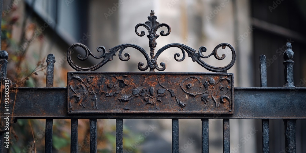 Wrought iron gate feature with intricate floral patterns in rusted brown on top, set against a soft blurred background of stone textures. Wrought iron gate feature with intricate floral patterns in rusted brown on top, set against a soft blurred background of stone textures.