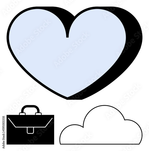 Large blue heart with black outline next to outlined black briefcase and cloud. Ideal for business, love, dreams, technology, happiness, motivation, connection themes. Line metaphor