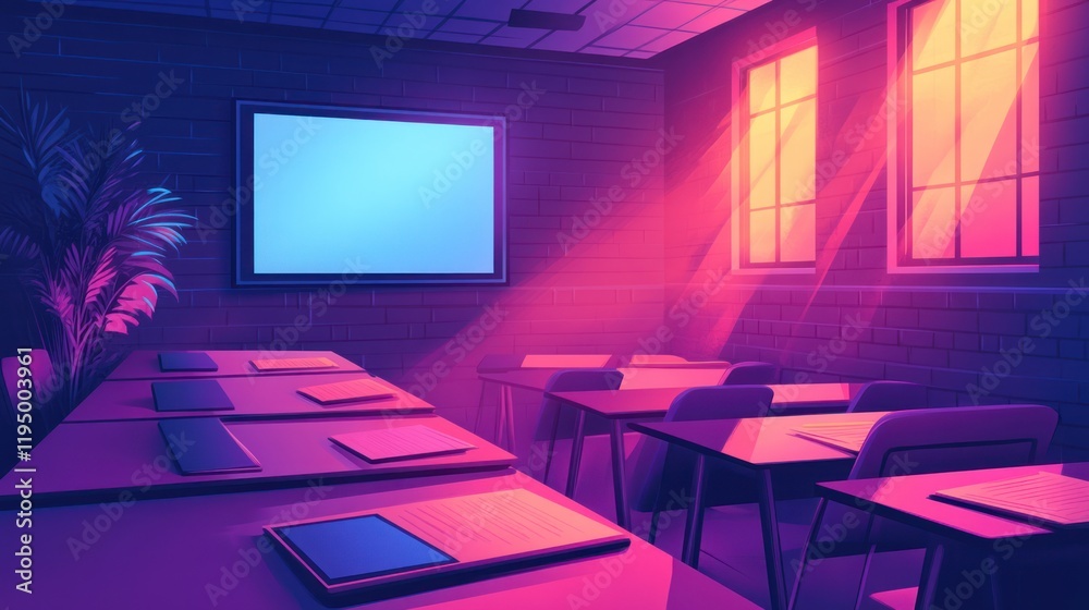 Empty classroom with desks, screen, sunlight. Empty classroom with desks, screen, sunlight.