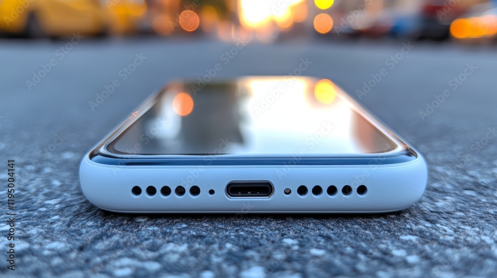 Modern smartphone charging port close-up with blurred city background, space for text or design.