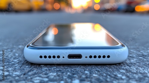 Obraz na płótnie Modern smartphone charging port close-up with blurred city background, space for text or design. w salonie