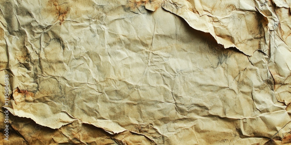 Fototapeta premium Wrinkled antique textured paper with warm beige and brown tones, featuring creases and folds across a faded background for vintage design applications