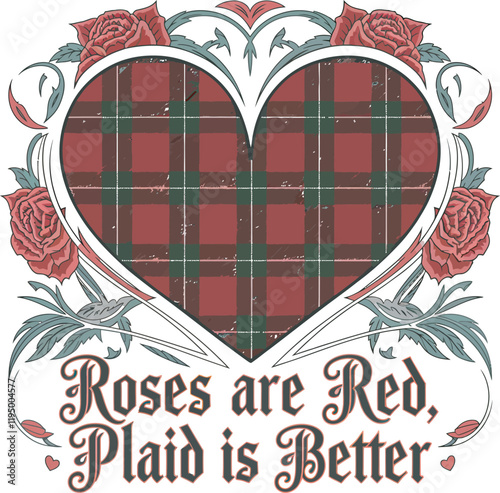 A heart filled with red and green plaid, surrounded by beautifully detailed roses and vines
