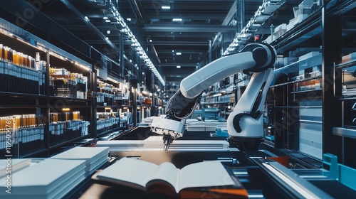 A robot handling automated book binding in a sleek, high-tech printing press with clean, organized binding stations and advanced bookbinding machinery photo