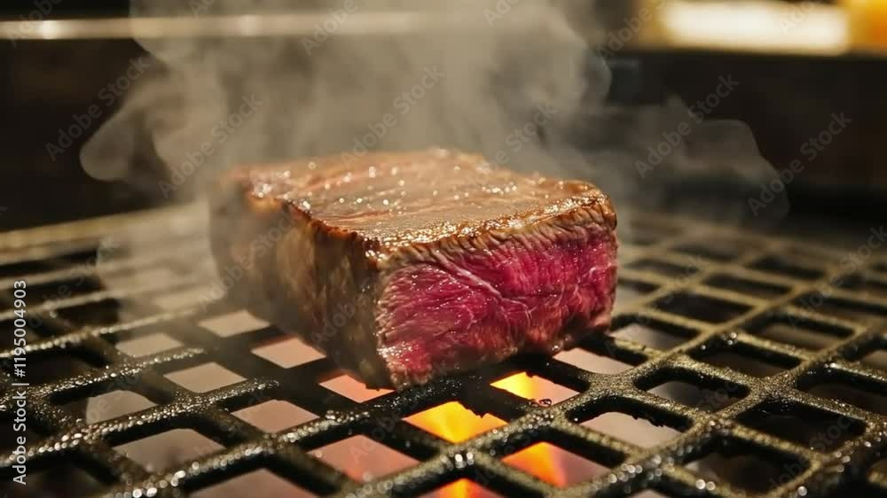 Raw steak with a smoke from a meat grilled