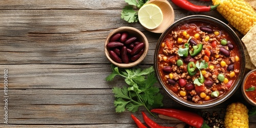 Vibrant turkey chili in a bowl surrounded by colorful ingredients like beans, corn, and peppers on a rustic wooden background with green herbs.