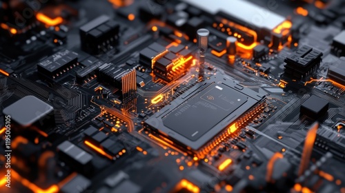 A view of an intricate circuit board being assembled augmented by AR graphics indicating the correct soldering temperatures for errorfree connections. photo