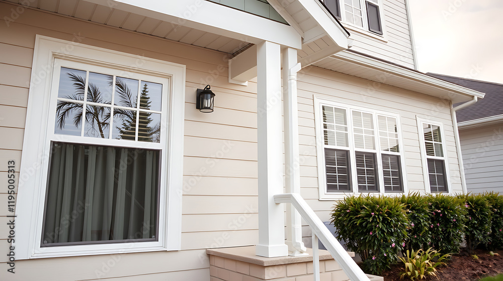Fototapeta premium Elegant Home Exterior: Modern Design, White Windows, and Beige Siding