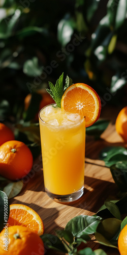 A refreshing and appetizing orange juice served in a clear glass