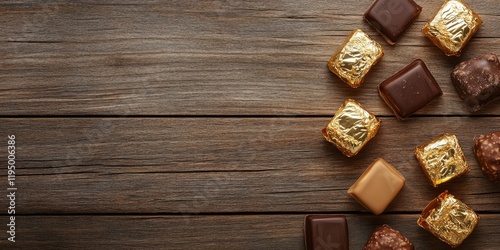 Assorted chocolate pralines in gold foil on rustic wooden background top view with empty space for text elegant gourmet dessert display
