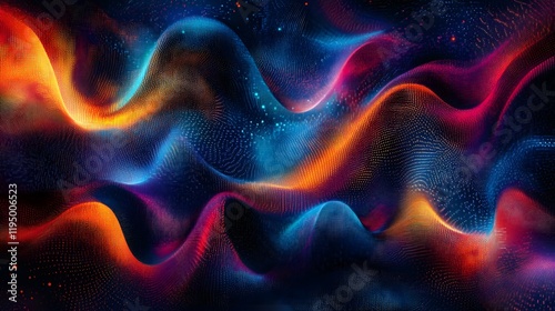 Dynamic colorful waves of light, vibrant swirling patterns in deep blue and orange, abstract art design for digital backgrounds.