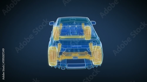 Car and Chassis X-ray/ Blueprint. 360 loopable animation HD. 
