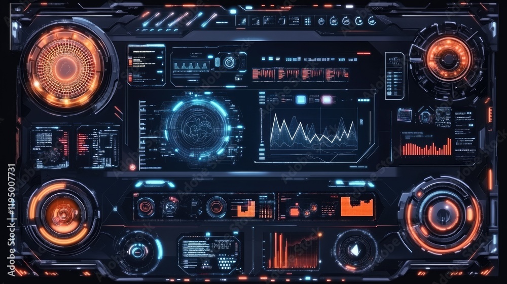 Business analytics interface with advanced AI icons and glowing lines of Big Data graphs in futuristic design Business analytics interface with advanced AI icons and glowing lines of Big Data graphs in futuristic design