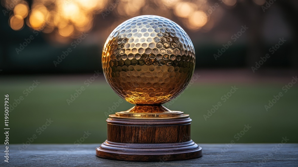 Golf ball trophy with green field and trees Golf ball trophy with green field and trees
