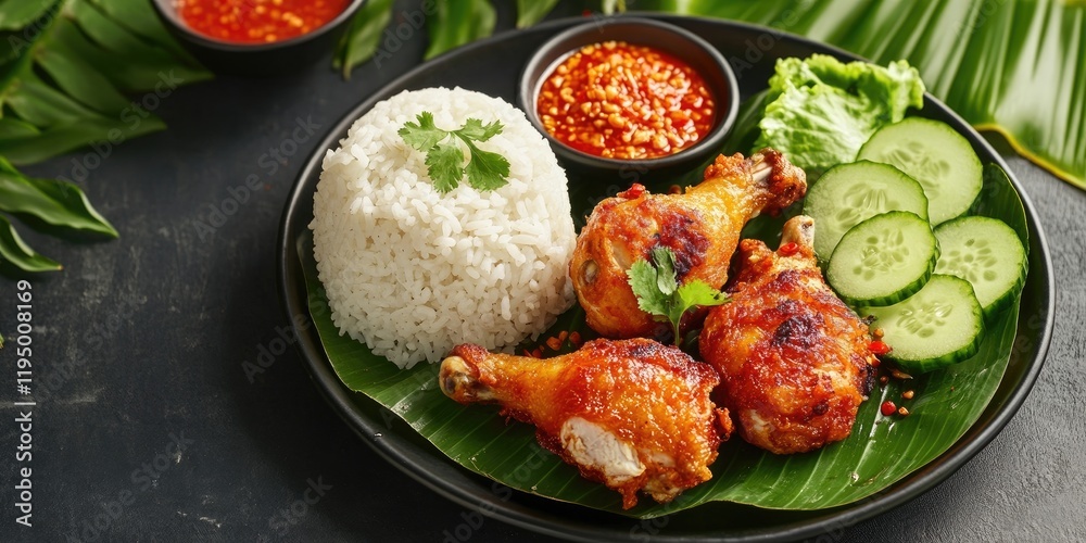 Deep-fried chicken drumsticks on a black plate with white rice cucumber slices and chili sauce garnished with fresh cilantro and green leaves Deep-fried chicken drumsticks on a black plate with white rice cucumber slices and chili sauce garnished with fresh cilantro and green leaves