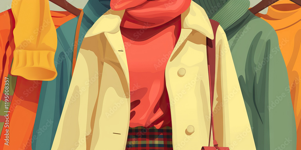 Fototapeta premium Garments Hanging on a Rack: Yellow Coat, Coral Turtleneck, and Assorted Sweaters