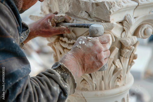 Generative AI Image of a Stonemason Working with Stone, Shaping and Carving Stone Surface photo