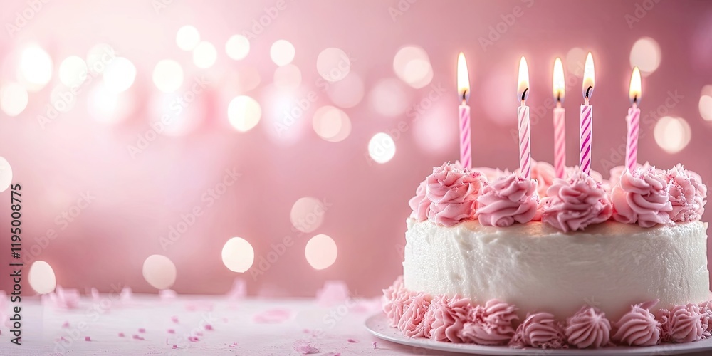 A pink-hued birthday backdrop showcasing a celebratory cake with candles, soft bokeh lights, and festive decorations for an 18th birthday celebration.