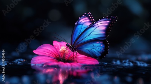 fantasy insect wildlife, a vivid indigo butterfly shimmers on a luminous flower in a surreal tropical forest, creating a dreamlike scene photo