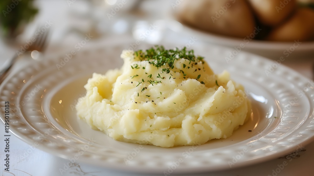 Creamy mashed potatoes, buttery texture with herbs garnish on elegant plate, perfect side dish for comforting meals. Creamy mashed potatoes, buttery texture with herbs garnish on elegant plate, perfect side dish for comforting meals.