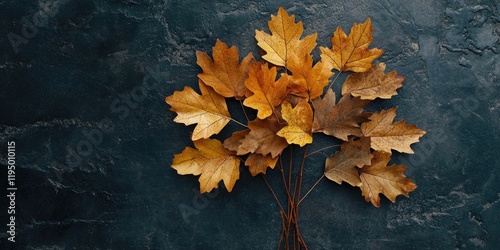Autumn flat lay with golden maple and oak leaves on dark textured background showcasing warm tones and seasonal essence in a detailed arrangement