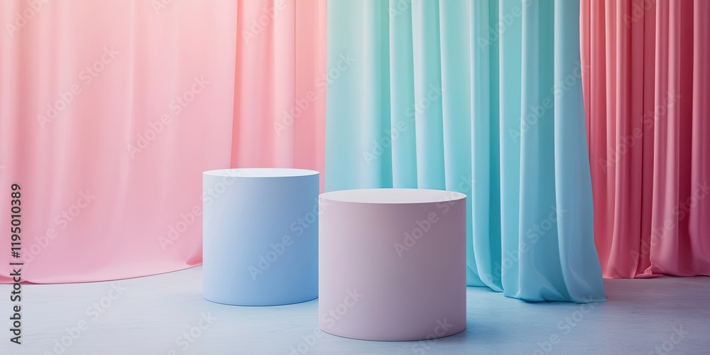 Pastel exhibition stand with two cylindrical structures in soft pink and blue hues against a flowing background providing ample copy space. Pastel exhibition stand with two cylindrical structures in soft pink and blue hues against a flowing background providing ample copy space.
