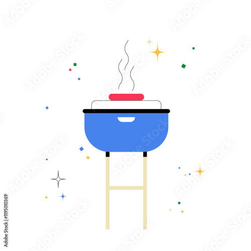 Barbecue Grill With Hotdog In Flat Vector Illustration Symbolizing Outdoor Cooking, Picnics, And Summer Gatherings, Isolated On White Background.